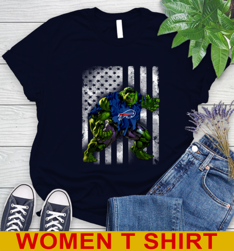Buffalo Bills Hulk Marvel Avengers NFL Football American Flag Women's T-Shirt 2
