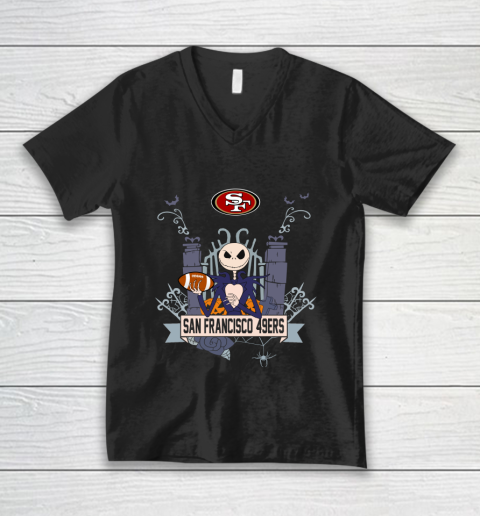 NFL San Francisco 49ers Football Jack Skellington Halloween V-Neck T-Shirt