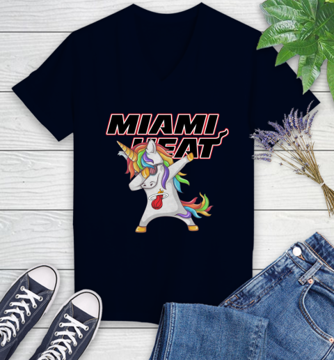Miami Heat NBA Basketball Funny Unicorn Dabbing Sports Women's V-Neck T-Shirt 3