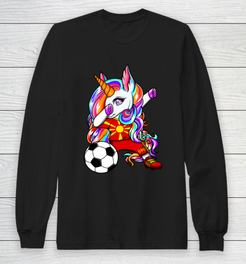 Dabbing Unicorn Macedonia Soccer Fans Jersey Flag Football Long Sleeve T-Shirt