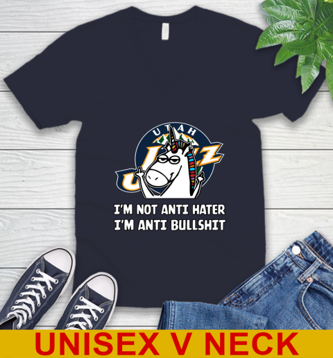 Utah Jazz NBA Basketball Unicorn I'm Not Anti Hater I'm Anti Bullshit V-Neck T-Shirt 3