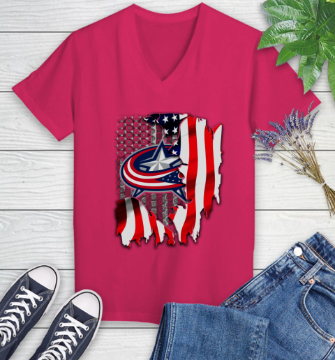 Columbus Blue Jackets NHL Hockey American Flag Women's V-Neck T-Shirt 9