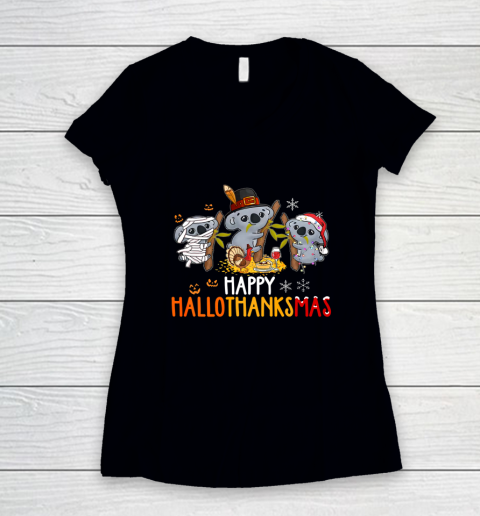 Koala Halloween And Merry Christmas Happy Hallothanksmas Women's V-Neck T-Shirt