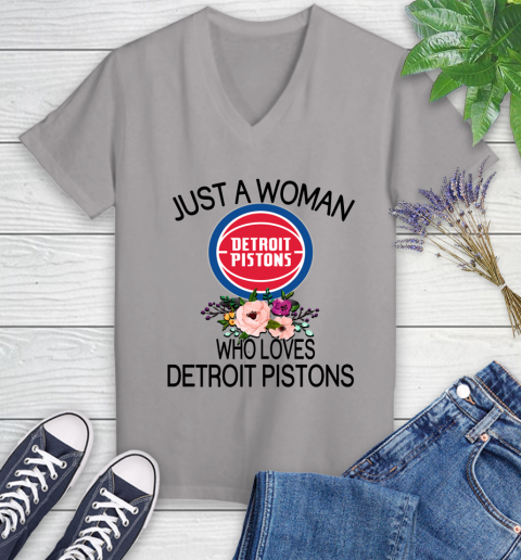 NBA Just A Woman Who Loves Detroit Pistons Basketball Sports Women's V-Neck T-Shirt 2