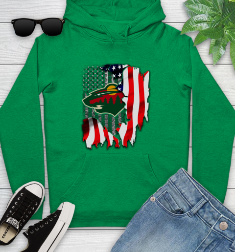 Minnesota Wild NHL Hockey American Flag Youth Hoodie 9