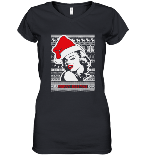 Merry Kissmas Ugly Christmas Slouchy Off Shoulder Oversized Women's V-Neck T-Shirt