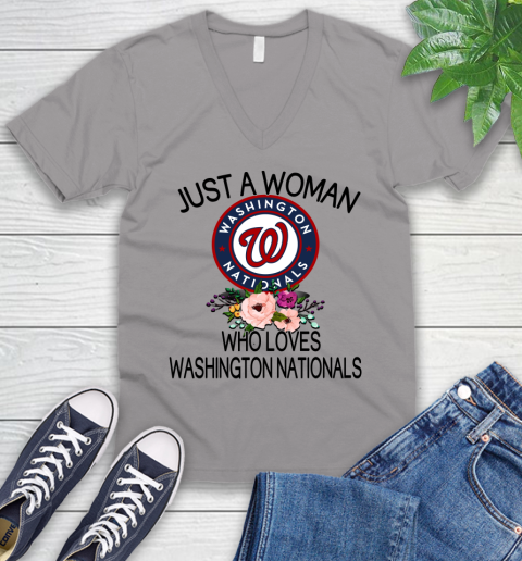 MLB Just A Woman Who Loves Washington Nationals Baseball Sports V-Neck T-Shirt 2