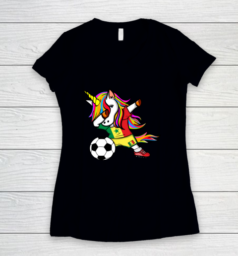 Dabbing Unicorn Senegal Football Senegalese Flag Soccer Women's V-Neck T-Shirt