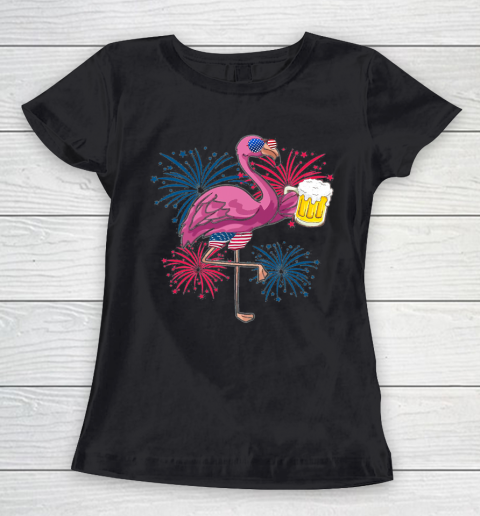 Beer Lover Funny Shirt Flamingo Cheer Beer American Flag Fireworks Independence Day Women's T-Shirt