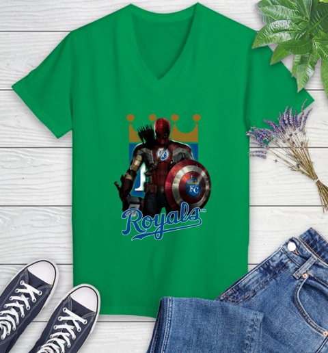 MLB Captain America Thor Spider Man Hawkeye Avengers Endgame Baseball Kansas City Royals Women's V-Neck T-Shirt 5
