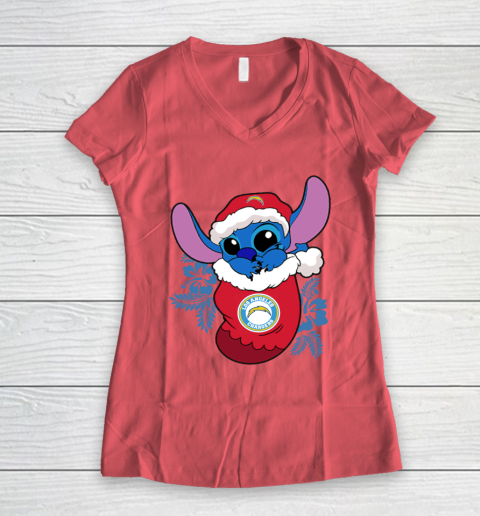 Los Angeles Chargers Christmas Stitch In The Sock Funny Disney NFL Women's V-Neck T-Shirt 6