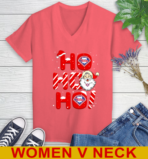 Philadelphia Phillies MLB Baseball Ho Ho Ho Santa Claus Merry Christmas Shirt Women's V-Neck T-Shirt 6