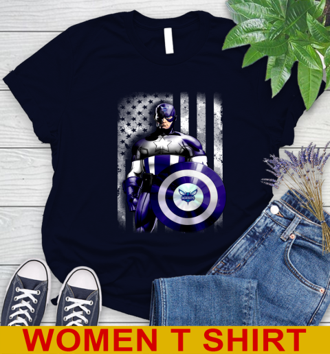 Charlotte Hornets NBA Basketball Captain America Marvel Avengers American Flag Shirt Women's T-Shirt 2