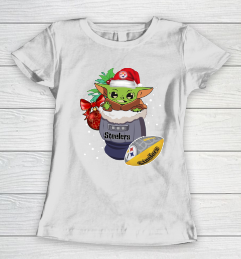 Pittsburgh Steelers Christmas Baby Yoda Star Wars Funny Happy NFL Women's T-Shirt 3