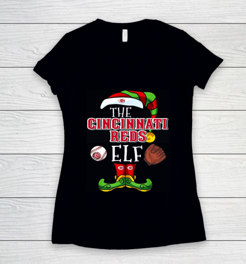 Cincinnati Reds Christmas ELF Funny MLB Women's V-Neck T-Shirt