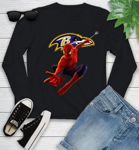 NFL Spider Man Avengers Endgame Football Baltimore Ravens Youth Long Sleeve 2