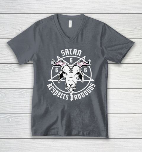 Satan Respects Pronouns Transgender Pentagram Trans Flag V-Neck T-Shirt 3