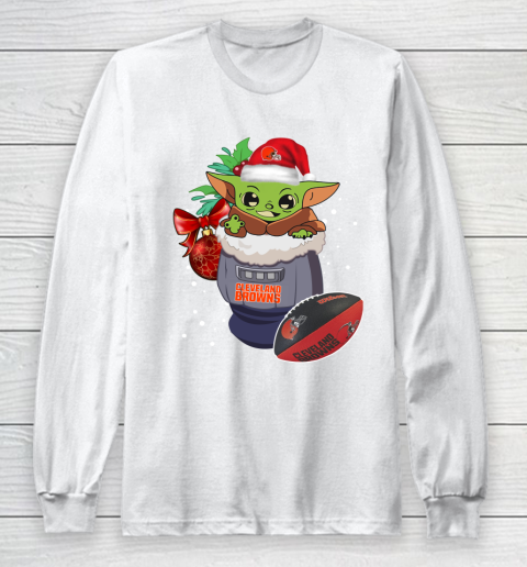 Cleveland Browns Christmas Baby Yoda Star Wars Funny Happy NFL Long Sleeve T-Shirt 2