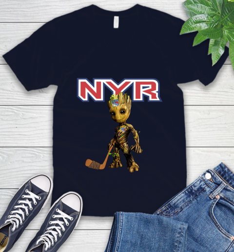 New York Rangers NHL Hockey Groot Marvel Guardians Of The Galaxy V-Neck T-Shirt 3