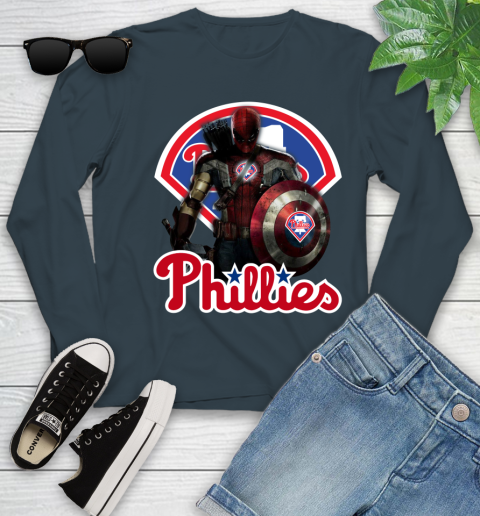 MLB Captain America Thor Spider Man Hawkeye Avengers Endgame Baseball Philadelphia Phillies Youth Long Sleeve 8