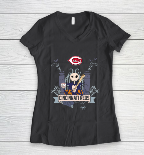 MLB Cincinnati Reds Baseball Jack Skellington Halloween Women's V-Neck T-Shirt 6