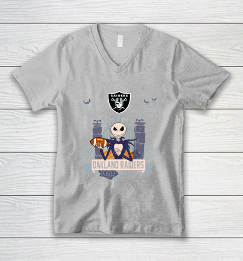 NFL Oakland Raiders Football Jack Skellington Halloween V-Neck T-Shirt 3