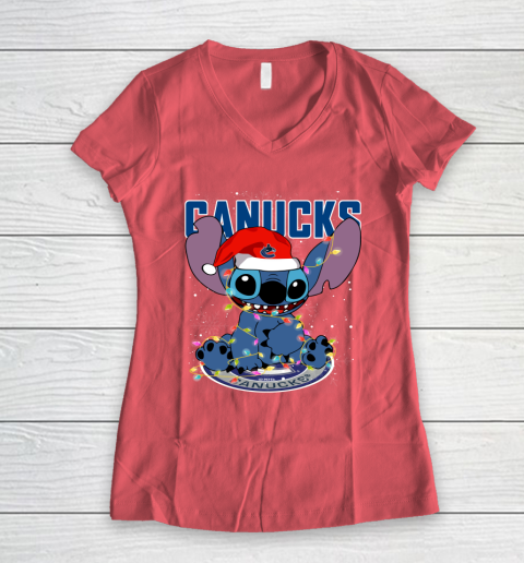 Vancouver Canucks NHL Hockey noel stitch Christmas Women's V-Neck T-Shirt 3