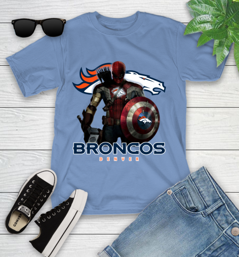 NFL Captain America Thor Spider Man Hawkeye Avengers Endgame Football Denver Broncos Youth T-Shirt 11