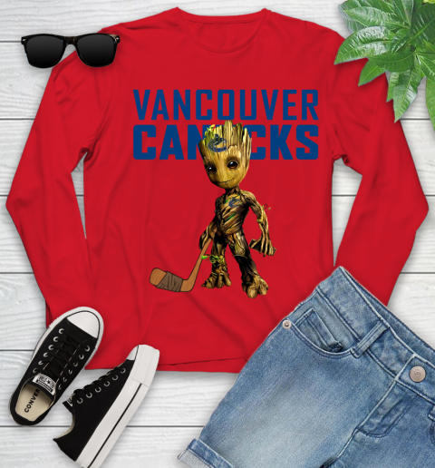 Vancouver Canucks NHL Hockey Groot Marvel Guardians Of The Galaxy Youth Long Sleeve 11
