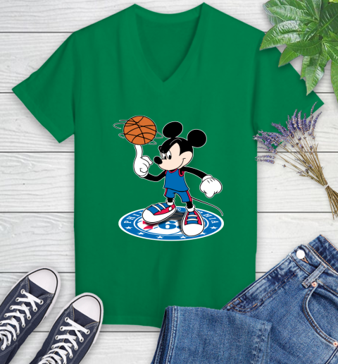 NBA Basketball Philadelphia 76ers Cheerful Mickey Disney Shirt Women's V-Neck T-Shirt - Image 6