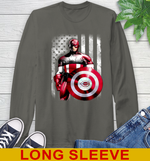 Cincinnati Reds MLB Baseball Captain America Marvel Avengers American Flag Shirt Long Sleeve T-Shirt 10