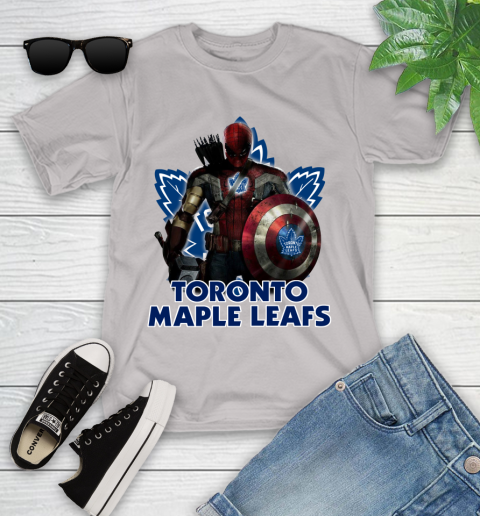 NHL Captain America Thor Spider Man Hawkeye Avengers Endgame Hockey Toronto Maple Leafs Youth T-Shirt 12