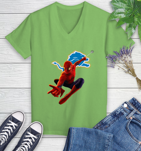 NFL Spider Man Avengers Endgame Football Detroit Lions Women's V-Neck T-Shirt 11