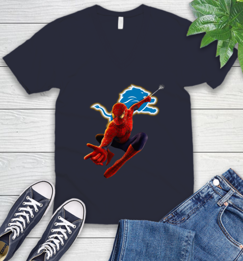 NFL Spider Man Avengers Endgame Football Detroit Lions V-Neck T-Shirt 3