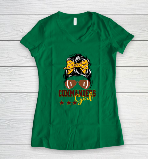 Retro Commanders Girl Messy Bun Sports Fan Team Matching Women's V-Neck T-Shirt 3