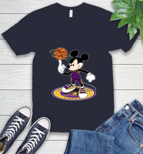 NBA Basketball Los Angeles Lakers Cheerful Mickey Disney Shirt V-Neck T-Shirt 4 NBA Basketball Los Angeles Lakers Cheerful Mickey Disney Shirt V-Neck T-Shirt - Image 4