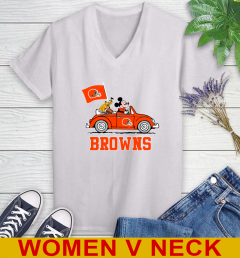 NFL Football Cleveland Browns Pluto Mickey Driving Disney Shirt Women's V-Neck T-Shirt