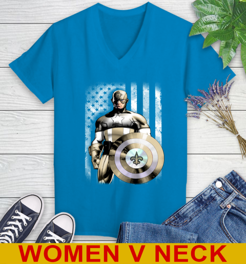 New Orleans Saints NFL Football Captain America Marvel Avengers American Flag Shirt Women's V-Neck T-Shirt 7