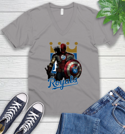 MLB Captain America Thor Spider Man Hawkeye Avengers Endgame Baseball Kansas City Royals V-Neck T-Shirt 4