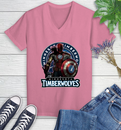 Minnesota Timberwolves NBA Basketball Captain America Thor Spider Man Hawkeye Avengers Women's V-Neck T-Shirt 13