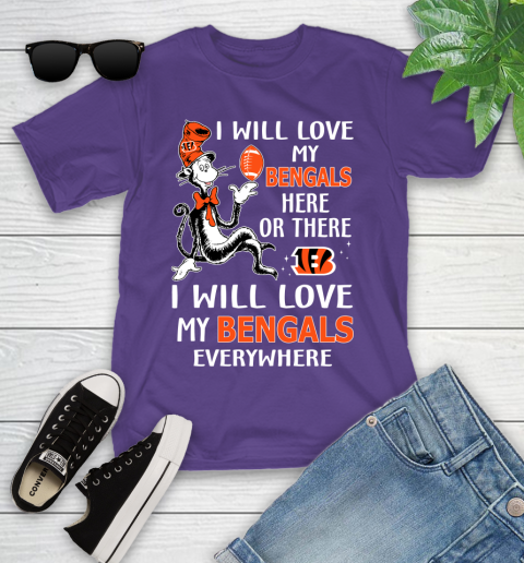 NFL Football Cincinnati Bengals I Will Love My Bengals Everywhere Dr Seuss Shirt Youth T-Shirt 3