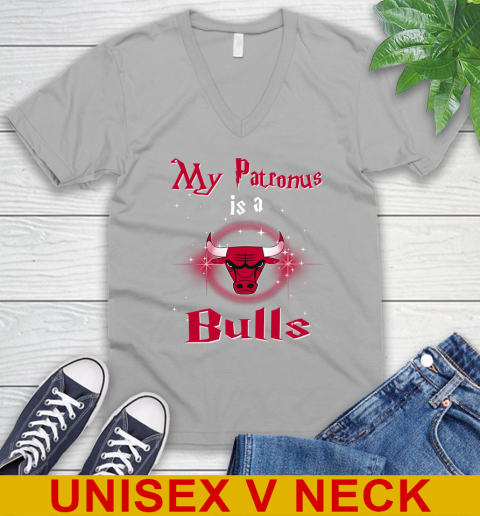 NBA Basketball Harry Potter My Patronus Is A Chicago Bulls V-Neck T-Shirt 3