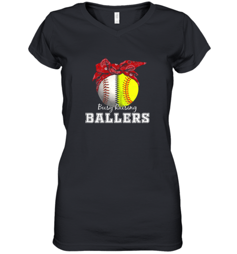 Busy Raising Ballers Softball Baseball Shirt Baseball Mom Women's V-Neck T-Shirt