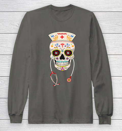 Nurse Sugar Skull Shirt Halloween Day Of The Dead Dia De Los Long Sleeve T-Shirt 5