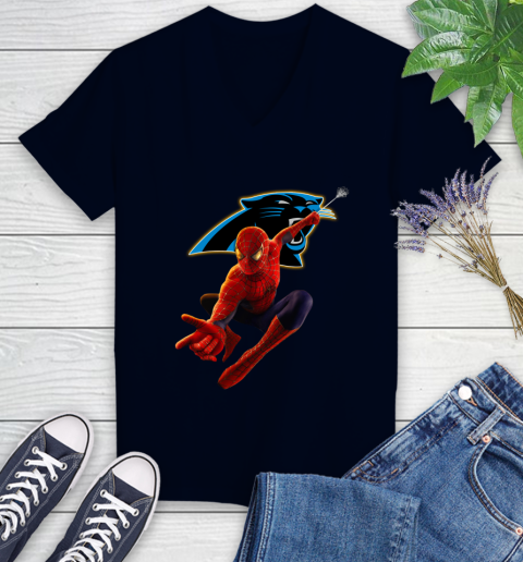 NFL Spider Man Avengers Endgame Football Carolina Panthers Women's V-Neck T-Shirt 3