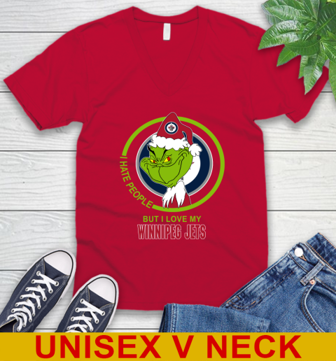 Winnipeg Jets NHL Christmas Grinch I Hate People But I Love My Favorite Hockey Team V-Neck T-Shirt 7