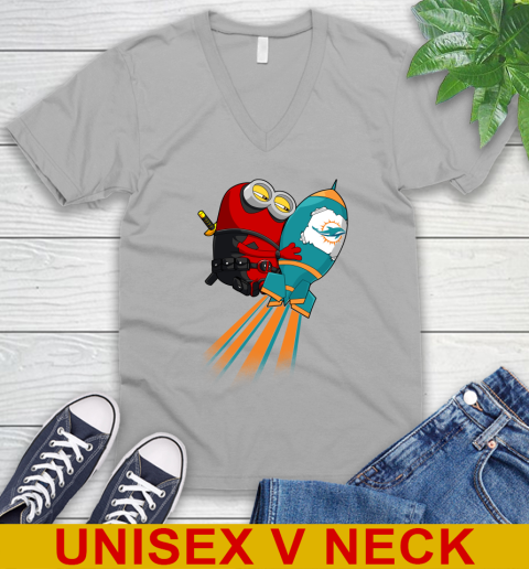 NFL Football Miami Dolphins Deadpool Minion Marvel Shirt V-Neck T-Shirt 3