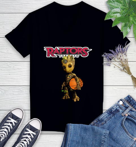 Toronto Raptors NBA Basketball Groot Marvel Guardians Of The Galaxy Women's V-Neck T-Shirt 2