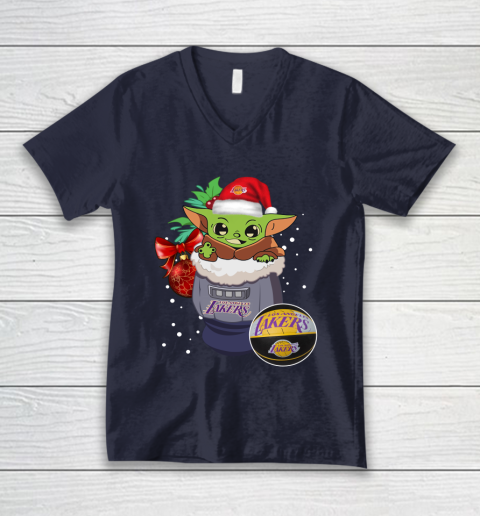 Los Angeles Lakers Christmas Baby Yoda Star Wars Funny Happy NBA V-Neck T-Shirt 3