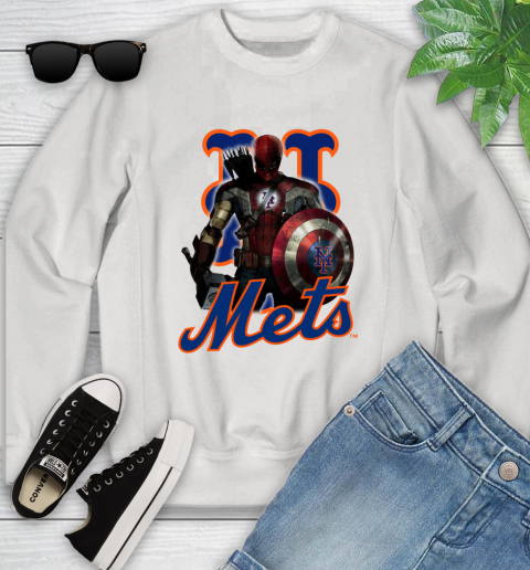 MLB Captain America Thor Spider Man Hawkeye Avengers Endgame Baseball New York Mets Youth Sweatshirt